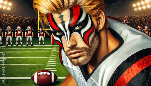 Football player with a Kabuki actor's expression.
Vector illustration.