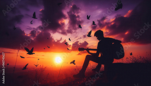Man playing guitar at sunset