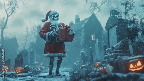 A spooky scene featuring a skeleton in a Santa suit holding a gift in a graveyard, blending Halloween and Christmas themes. photo