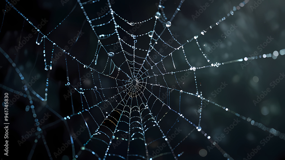 abstract background of an intricate spider web with delicate, shimmering silver threads against a dark, misty backdrop abstract background of an intricate spider web with delicate, shimmering silver threads against a dark, misty backdrop