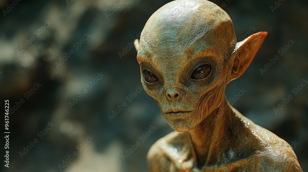 A large-eyed alien gazes thoughtfully into the distance, pondering its existence A large-eyed alien gazes thoughtfully into the distance, pondering its existence