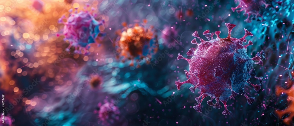 Detailed 3D rendering of a red coronavirus cell with a colorful background, small pink dots, and a futuristic vibe. Detailed 3D rendering of a red coronavirus cell with a colorful background, small pink dots, and a futuristic vibe.