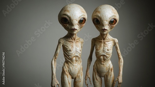 Two unusual aliens with large eyes and slender bodies capture attention in dim light