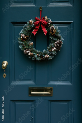 Christmas holiday wreath on beautiful entrance door