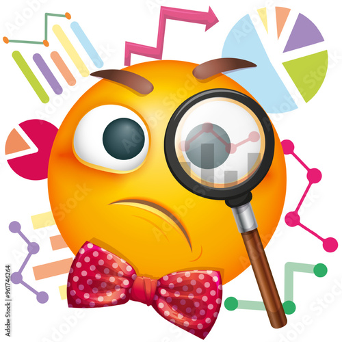 Accountant emoji with bow tie on white background. Bookkeeper emoticon with statistical and financial data. Cute emoticon 