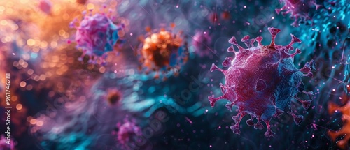 Detailed 3D rendering of a red coronavirus cell with a colorful background, small pink dots, and a futuristic vibe.