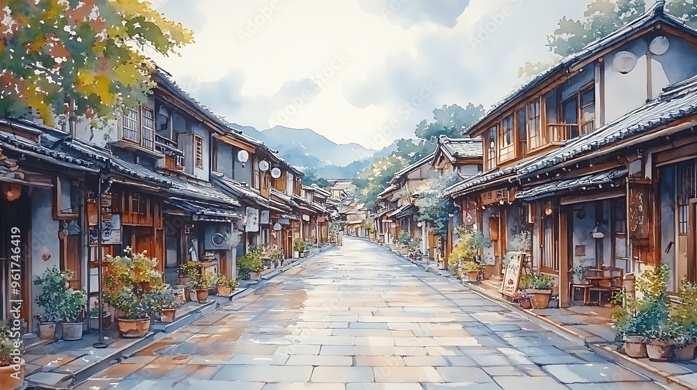 Fototapeta premium Watercolor Illustration of a Traditional Japanese Street with Shops and Lanterns.