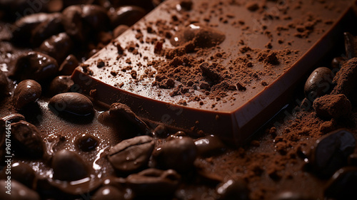 Chocolate bar surrounded by cocoa powder and coffee beans photo