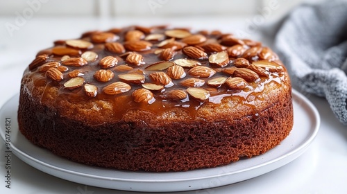 Savor the sweet allure of a luscious almond cake topped with glistening caramel