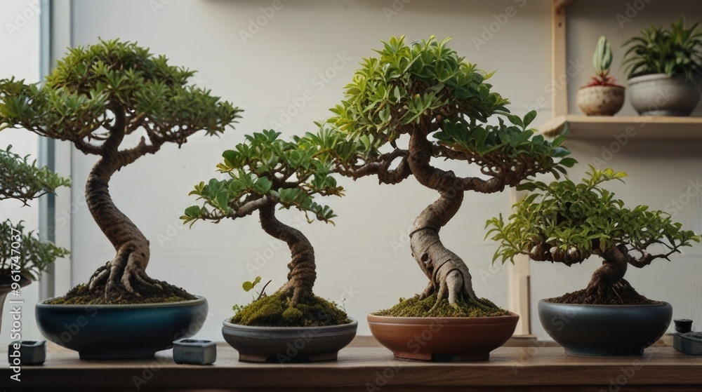 There are a few bonsai in pots on the shelves on a wooden table There are a few bonsai in pots on the shelves on a wooden table