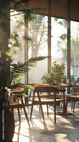 A cozy cafe with sunlight streaming through glass windows  wooden furniture  and potted plants creates a peaceful and inviting atmosphere for relaxation.