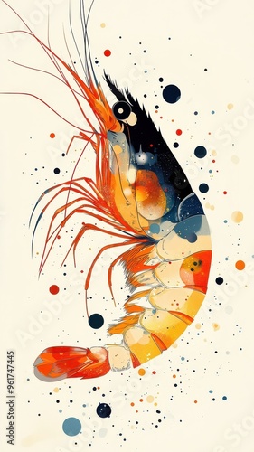 An abstract shrimp illustration, using unconventional shapes and a mix of vivid and muted colors for a creative and artistic expression. photo