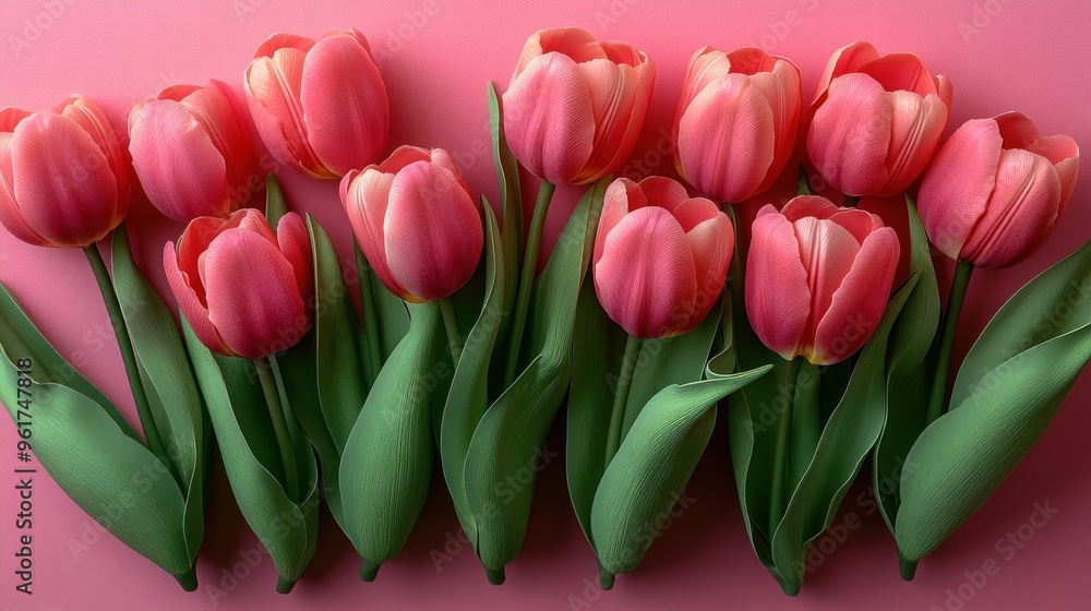 Fototapeta premium Vibrant pink tulips bloom against a soft pink background, radiating charm