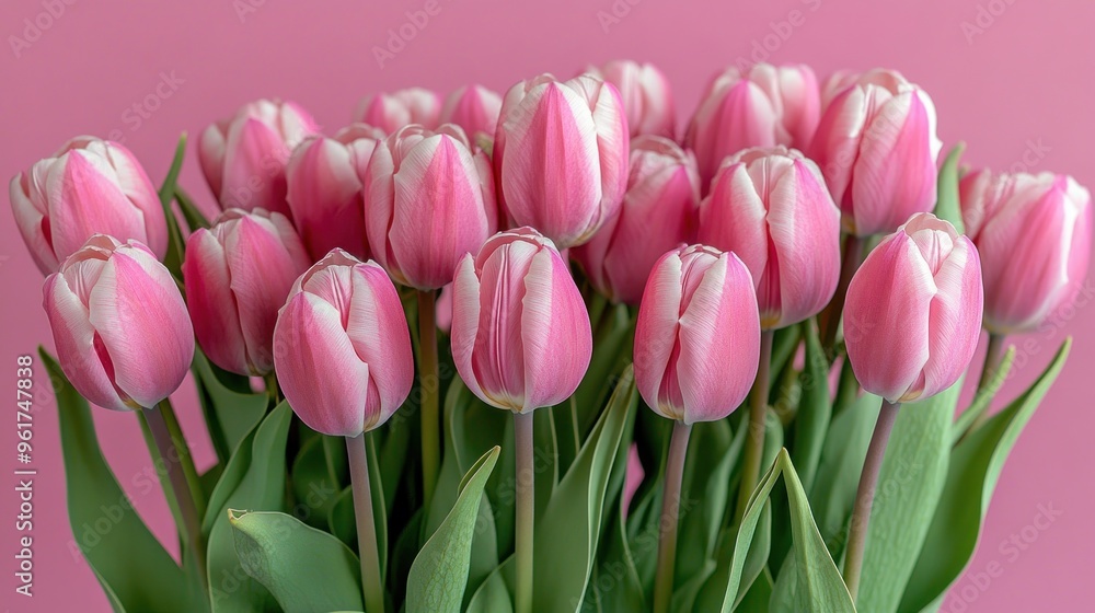 A cheerful display of fresh pink tulips with green leaves standing tall together A cheerful display of fresh pink tulips with green leaves standing tall together