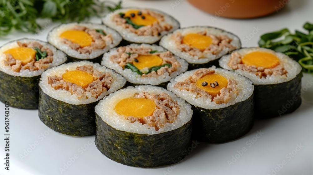 Colorful sushi rolls with fresh ingredients showcase a delightful culinary creation Colorful sushi rolls with fresh ingredients showcase a delightful culinary creation