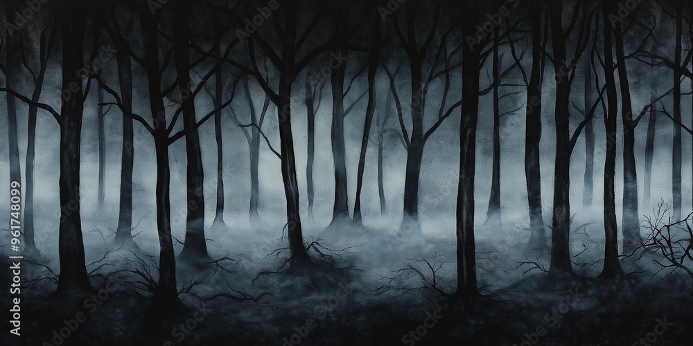 Naklejka premium Dark, misty forest with tall black trees and thick fog creating an eerie atmosphere.