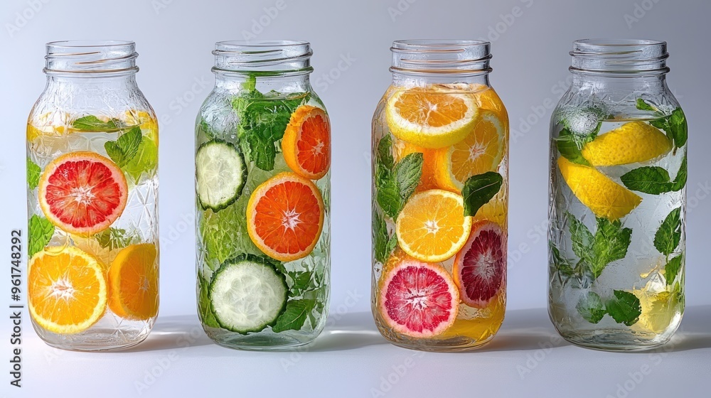 Colorful jars filled with mint leaves and citrus slices create a refreshing drink Colorful jars filled with mint leaves and citrus slices create a refreshing drink