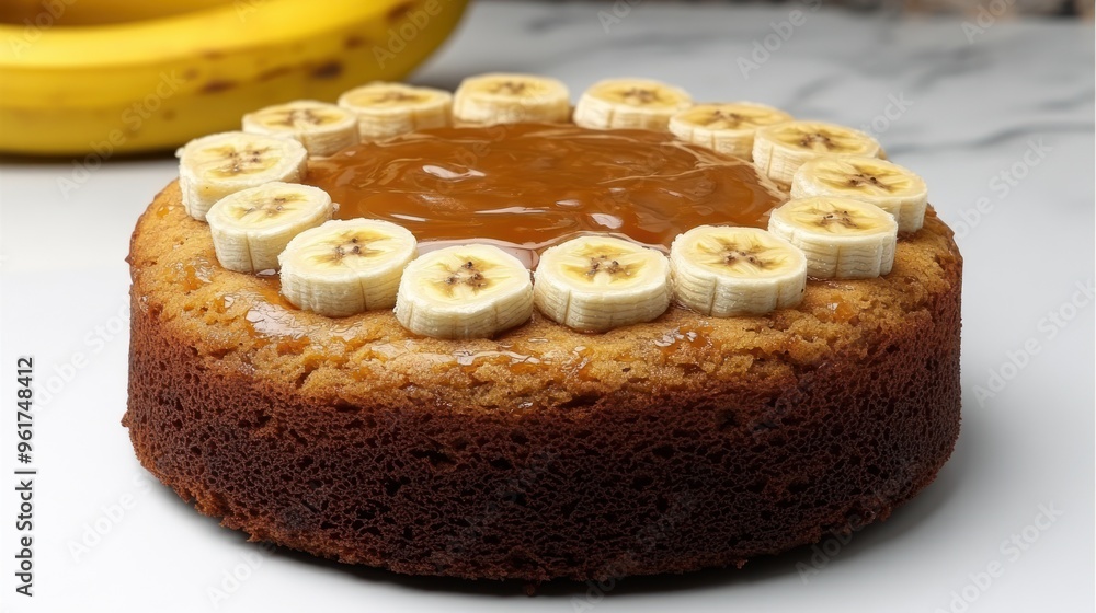 A vibrant banana cake with caramel and fresh fruit sits invitingly on marble A vibrant banana cake with caramel and fresh fruit sits invitingly on marble