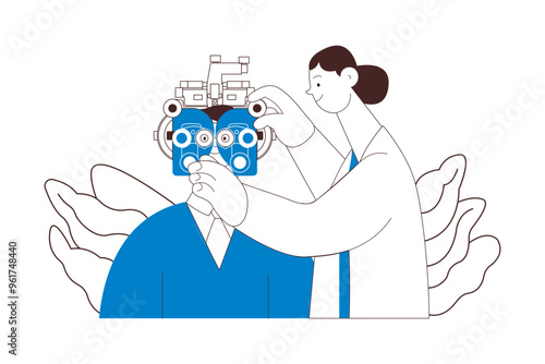 Optometry. Eye Test and Prescription Glasses. Medical Specialist and Patient Perform Eye Test with Manual Vision Tester on Abstract Background. Black and White Modern Flat Vector Illustration.