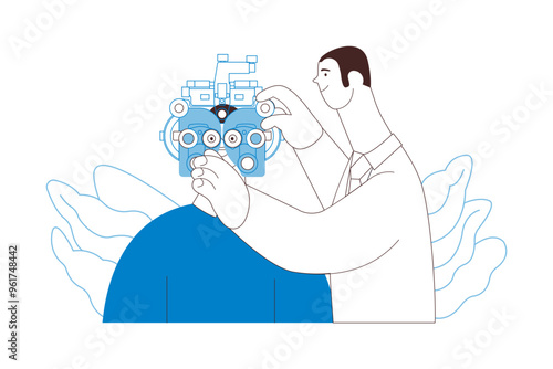 Optometry. Eye Test and Prescription Glasses. Medical Specialist and Patient Perform Eye Test with Manual Vision Tester on Abstract Background. Black and White Modern Flat Vector Illustration.