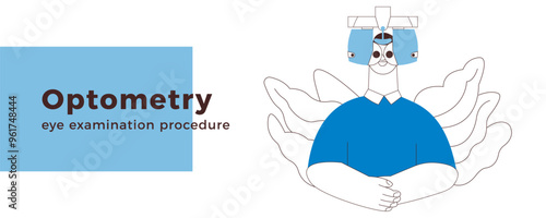 Optometry. Eye Test and Prescription Glasses. Male Perform Eye Test with Automated Digital Phoropter. Black and White Modern Flat Vector Illustration. Website Banner.