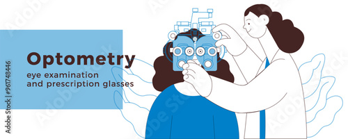 Optometry. Eye Test and Prescription Glasses. Medical Specialist and Patient Perform Eye Test with Manual Vision Tester on Abstract Background. Black and White Modern Flat Vector Illustration. 