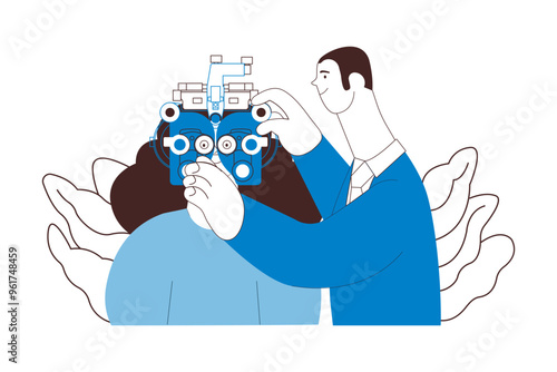 Optometry. Eye Test and Prescription Glasses. Medical Specialist and Patient Perform Eye Test with Manual Vision Tester on Abstract Background. Black and White Modern Flat Vector Illustration.