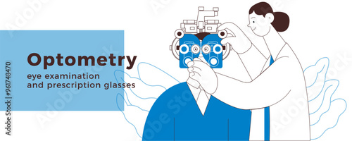 Optometry. Eye Test and Prescription Glasses. Medical Specialist and Patient Perform Eye Test with Manual Vision Tester on Abstract Background. Black and White Modern Flat Vector Illustration. 