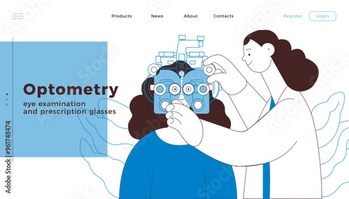 Optometry. Eye Test and Prescription Glasses. Medical Specialist and Patient Perform Eye Test with Manual Vision Tester on Abstract Background. Black and White Modern Flat Vector Illustration.