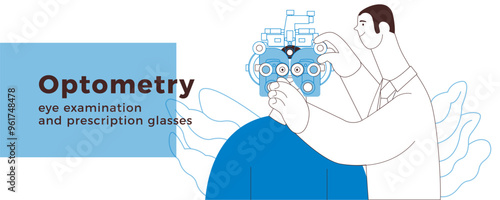 Optometry. Eye Test and Prescription Glasses. Medical Specialist and Patient Perform Eye Test with Manual Vision Tester on Abstract Background. Black and White Modern Flat Vector Illustration. 