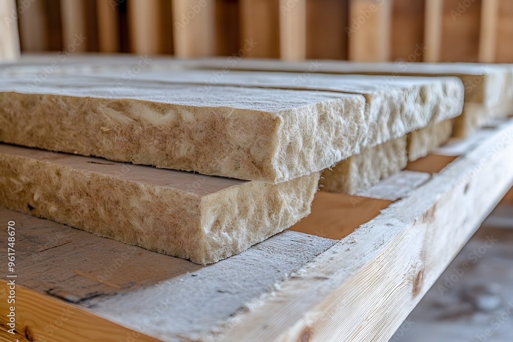 Close-up of Fiberglass Insulation Boards Stacked on Wood Close-up of Fiberglass Insulation Boards Stacked on Wood