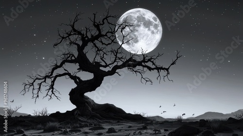 A silhouette of a dead tree stands tall in the center of a desert landscape under a full moon its twisted branches framing the sky as small creatures scuttle in the shadows the silence almost tangible