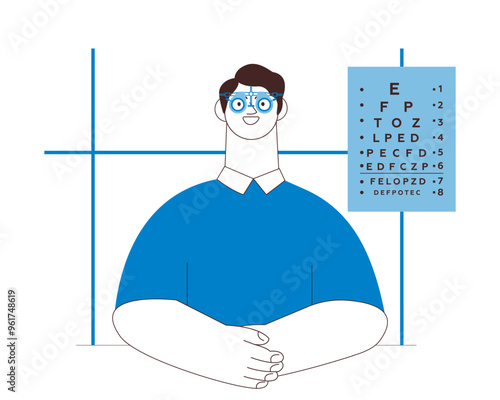 Optometry. Eye Test and Prescription Glasses. Male Patient Wear Adjustable Optical Trial Lens in Medical Office. Black and White Modern Flat Vector Illustration. Social Media Template.