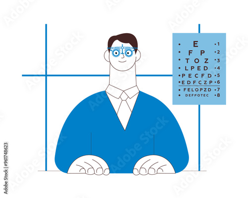 Optometry. Eye Test and Prescription Glasses. Male Patient Wear Adjustable Optical Trial Lens in Medical Office. Black and White Modern Flat Vector Illustration. Social Media Template.
