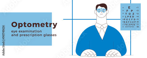 Optometry. Eye Test and Prescription Glasses. Male Patient Wear Adjustable Optical Trial Lens in Medical Office. Black and White Modern Flat Vector Illustration. Landing Page Template. Website Banner
