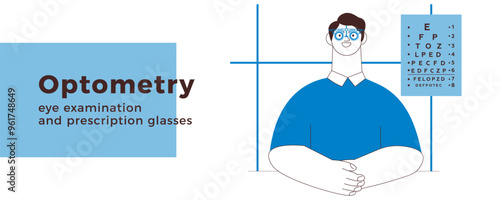 Optometry. Eye Test and Prescription Glasses. Male Patient Wear Adjustable Optical Trial Lens in Medical Office. Black and White Modern Flat Vector Illustration. Landing Page Template. Website Banner