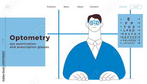 Optometry. Eye Test and Prescription Glasses. Male Patient Wear Adjustable Optical Trial Lens in Medical Office. Black and White Modern Flat Vector Illustration. Landing Page Template. Website Banner