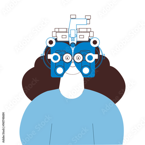 Optometry. Eye Test and Prescription Glasses. Female Perform Eye Test with Manual Vision Tester. Black and White Modern Flat Vector Illustration. Social Media Template.