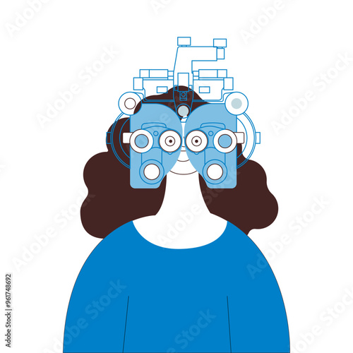 Optometry. Eye Test and Prescription Glasses. Female Perform Eye Test with Manual Vision Tester. Black and White Modern Flat Vector Illustration. Social Media Template.