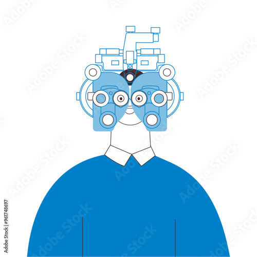 Optometry. Eye Test and Prescription Glasses. Male Perform Eye Test with Manual Vision Tester. Black and White Modern Flat Vector Illustration. Social Media Template.