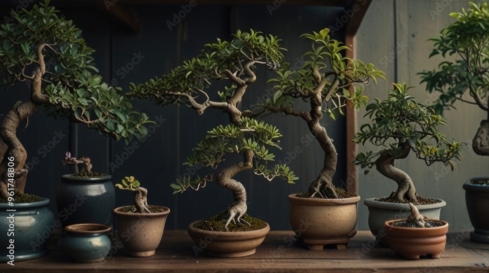There are a few bonsai in pots on the shelves on a wooden table There are a few bonsai in pots on the shelves on a wooden table