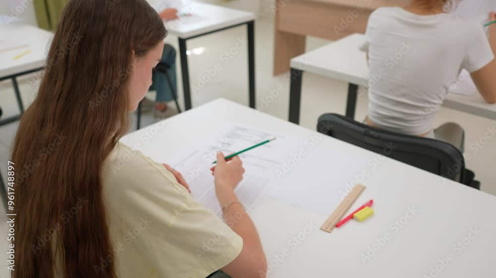 High school teenagers in classroom sitting at desks doing test, writing exam answering questions, joking during test. Modern education concept. High school teenagers in classroom sitting at desks doing test, writing exam answering questions, joking during test. Modern education concept.