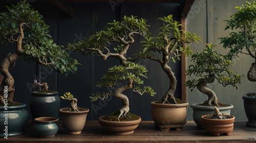 There are a few bonsai in pots on the shelves on a wooden table