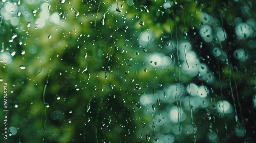Raindrops on window with indistinct green natural backdrop Raindrops on window with indistinct green natural backdrop