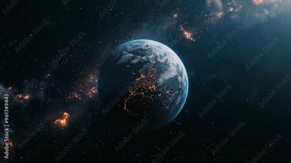 A stunning view of Earth illuminated at night shows vibrant cities and sparkling lights from space A stunning view of Earth illuminated at night shows vibrant cities and sparkling lights from space