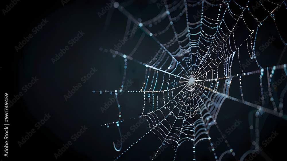 abstract background of an intricate spider web with delicate, shimmering silver threads against a dark, misty backdrop abstract background of an intricate spider web with delicate, shimmering silver threads against a dark, misty backdrop