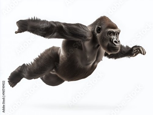 A gorilla with black fur leaps forward with its arms outstretched.