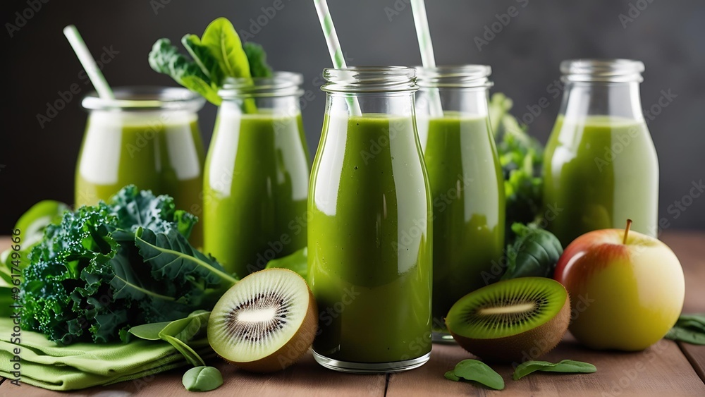 glass bottles, filled with a lush green drink glass bottles, filled with a lush green drink