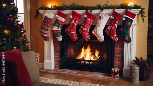 The stockings, each unique and full of festive patterns, hang above a roaring fire. 