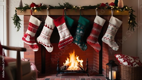 The stockings, each unique and full of festive patterns, hang above a roaring fire. 